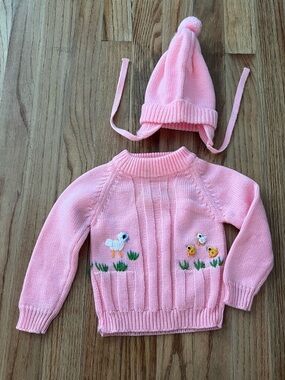 Vintage Styled by Sherri 12-18 mos embroidered sweater and bonnet pink